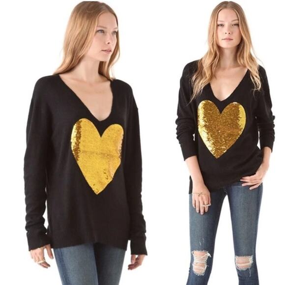 Wildfox Sweater Plunging V Neck Gold Sequins Heart Graphic Black Womens Medium - Picture 2 of 8